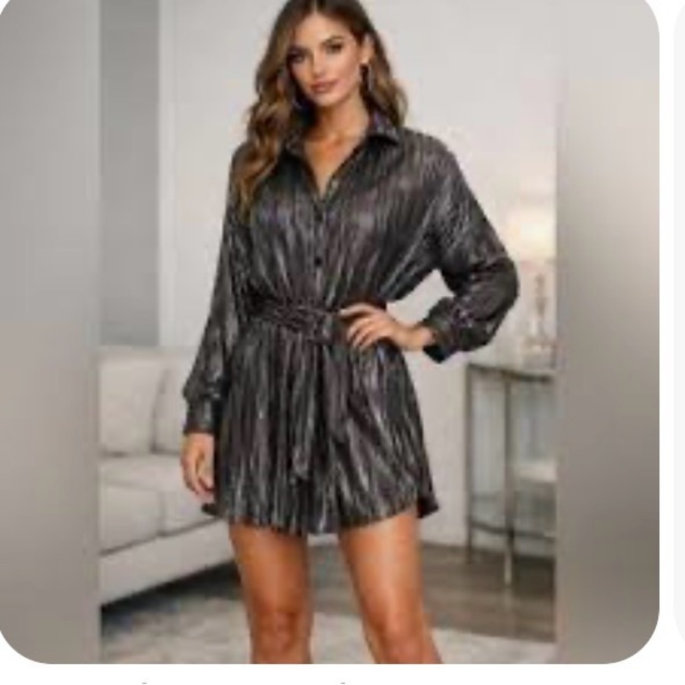 Le Lis Metallic Pleated Shirt Dress Belted Silver Black Mini Xs oversized